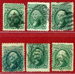 US #68, 10c Green, 6 Used Stamps, Interesting Cancels (Mostly Sound Conditions) - Picture 1 of 2