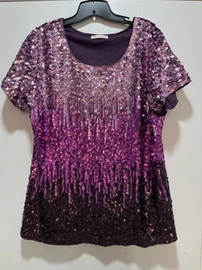 Maner Damen 3XL Plus Pailletten Oberteil Kurzarm Lila Rosa Bluse Party Shirt - Bild 1 von 5