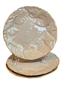Lot of 3 Cindy Crawford Oceanview Dinner Plate Sand Embossed Shells Tan coastal - Picture 1 of 4