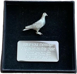 Personalised Gift Box & Hand Made Pewter Pigeon Pin Badge ENGRAVED FREE - Picture 1 of 4