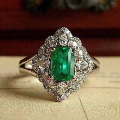 2Ct Emerald Simulated Green Emerald Vintage Art Deco Ring 14K White Gold Plated - Image 1 of 4