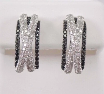 1.50Ct Round Cut Black and White Diamond Half Hoop Earrings 14K White Gold Over - Image 1 of 4
