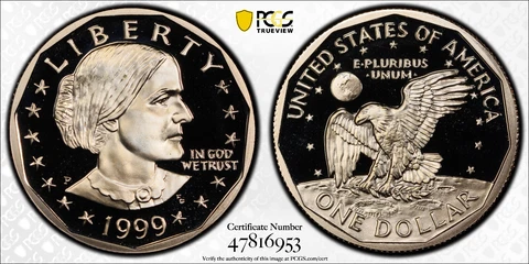 1999 P SBA $1 SUSAN B ANTHONY DOLLAR PCGS PR69DCAM w/ Gold Shield & TrueView Cover