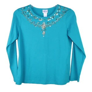 BFA Classic Women Top Blue Teal Sequin Embellishment Size M Long-Sleeve Blouse - Picture 1 of 8