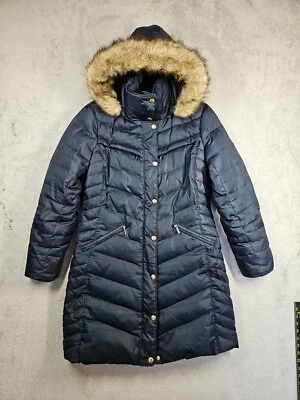 Abrigo acolchado de plumón MICHAEL KORS ribete de piel sintética capucha hasta la rodilla azul oscuro talla M Foto 1 de 4