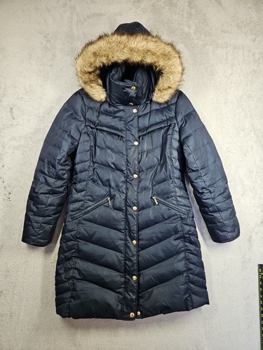 MICHAEL KORS piumino piumino pelliccia sintetica orlo cappuccio lunghezza ginocchio blu scuro taglia M