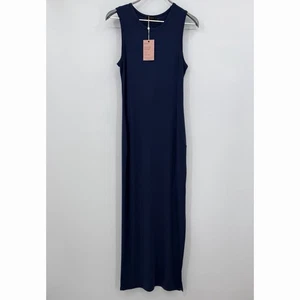 Maxi Vestido Sin Mangas Quince Azul Marino Tencel Jersey Talla M Para Mujer Abertura Lateral - Imagen 1 de 8