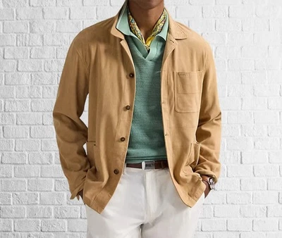 Vintage Style Tan Suede Button Leather Collared Jacket for Men - Image 1 of 3