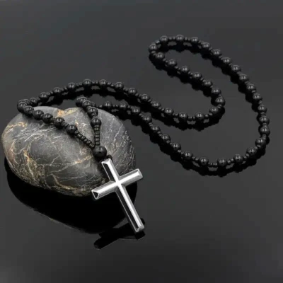 Black Hematite Cross Pendant Long Chain Rosary Necklace Men Women Gift Handmade - Image 1 of 4