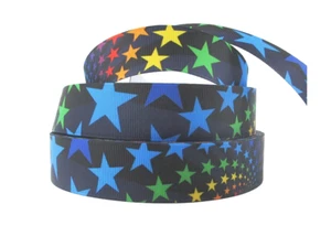 Grosgrain Colourful Rainbow Star with Black Background Ribbon 1" 25mm - Picture 1 of 1