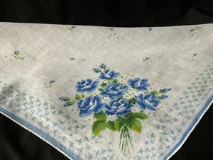 Vintage Handkerchief Hanky Blue Roses on white cotton..small dainty blue flowers - Picture 1 of 5