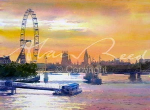 ORIGINAL ALAN REED WATERCOLOUR "London Eye" Landmark River Thames City PAINTING - Picture 1 of 1