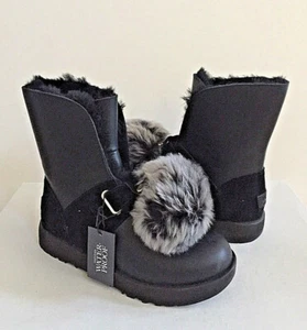 UGG ISLEY BLACK WATERPROOF LEATHER POM POM Boot US 9 / EU 40 / UK 7.5 NIB - Picture 1 of 6