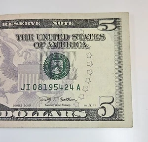 AUGUST 24 1954, BIRTHDAY FANCY SERIAL NUMBER, 2009 $5 DOLLAR BILL, JI08195424A - Picture 1 of 3