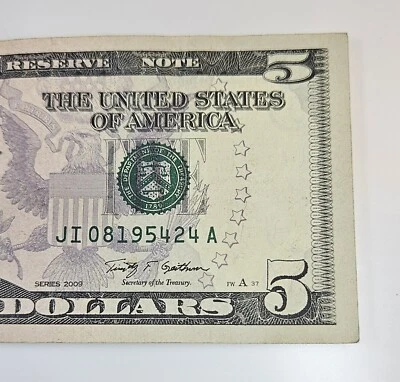 AUGUST 24 1954, BIRTHDAY FANCY SERIAL NUMBER, 2009 $5 DOLLAR BILL, JI08195424A - Image 1 of 3