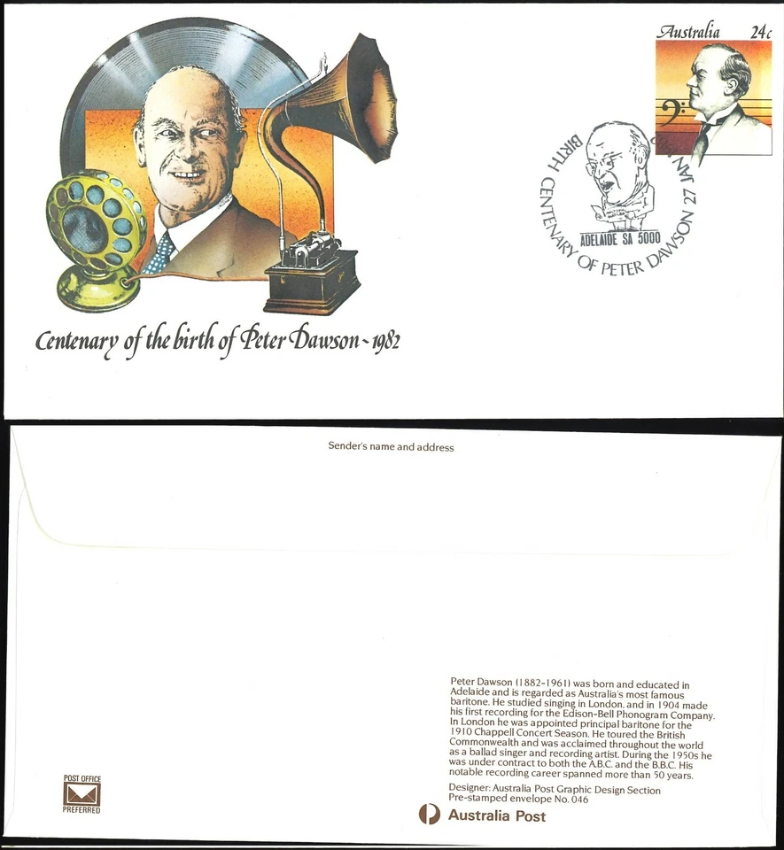 Australia 1982 Último cantante de IED Peter Dawson Nacimiento Centenario Adelaida 5000 P-Mark Foto 1 de 1