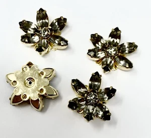 4pc Swarovski Buttons Findings 20mm Black Diamond Flower Rhinestone Gold Overlay - Picture 1 of 2