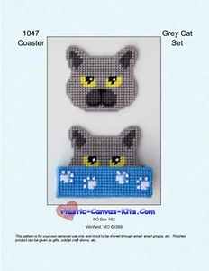 Grey Cat Coaster Set-Plastic Canvas Pattern or Kit - Picture 1 of 1