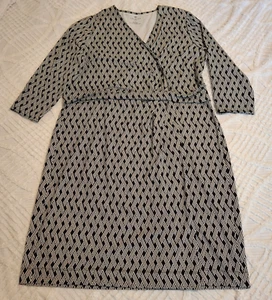 Talbots Womens 1X Faux Wrap Geometric Dress Knit Jersey Slimming Black White - Picture 1 of 11