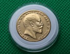 KING EDWARD VII REPRODUCTION  SOVEREIGN COIN + CAPSULE 1910 GOLD PLATED 22MM