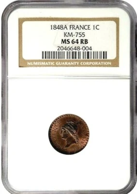 1848 A France 1 centavo, NGC MS 64 vermelho marrom - Imagem 1 de 2