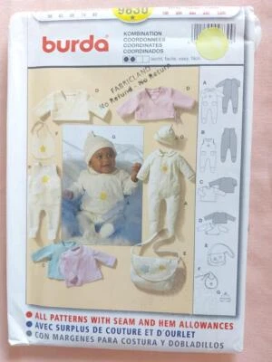 Burda 9830 Infant's Tops, Sleeper, Romper, Bib & Hat Pattern Size 1,3,6,9,12 Mth - Image 1 of 2