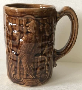Antique Pennington Primitive Stoneware Brown Glaze Cockatoo Bird Handled Mug - Picture 1 of 6