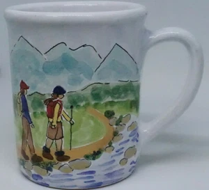 Vintage Signed Ceramic Coffee Mug by Anyi Handmade & Painted Alpine Hikers 16+oz - Picture 1 of 5