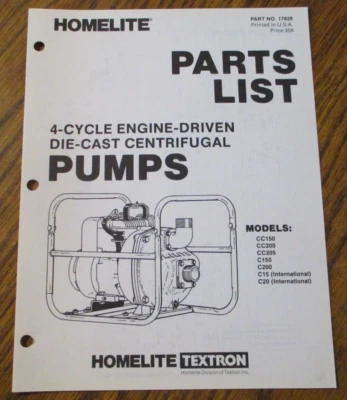 Homelite CC150 CC200 CC205 CC150 C200 C15 C20 4cy Bomba Lista de piezas Catálogo Manual Foto 1 de 4