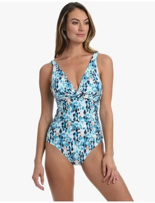 La Blanca Women's Over The Shoulder Rouched One Piece Swimsuit Blue Sz.8 New - Image 1 of 4