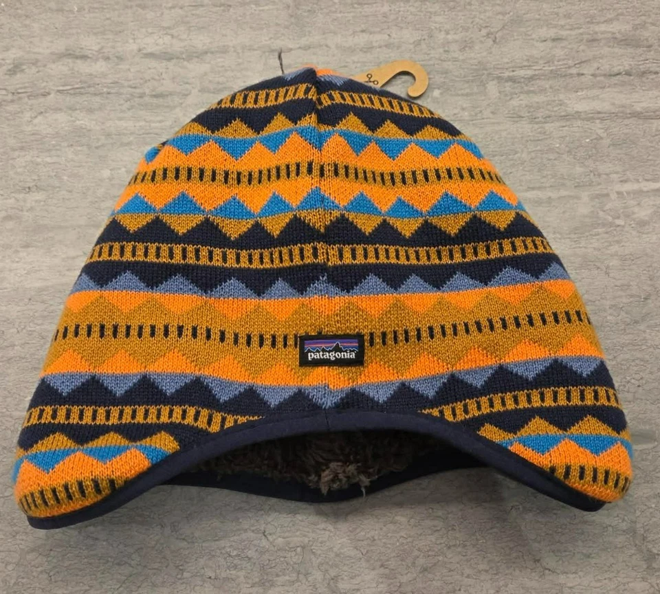 Gorro Patagonia Baby 24 Meses Reversível NOVO - Listra de Diamante: Ouro Talon Azul - Imagem 1 de 4