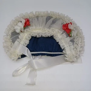 Vintage blue velvet and Lace baby bonnet this baby Bonnet has red and white fake - Picture 1 of 7