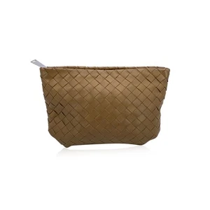 Authentic Bottega Veneta Beige Intrecciato Leather Zip Pouch Clutch Pochette - Picture 1 of 6