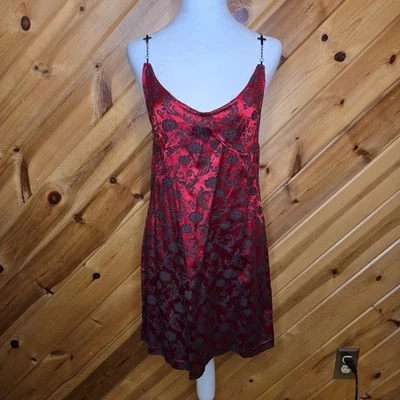 Vtg 90s SERIOUS Brand Medieval Goth Paisley Red Dress Chain Strap Large Velvet - Image 1 of 4