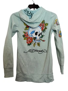 Vintage Y2K Ed Hardy Womens Graphic Zip-Up Hoodie Size S Mint Green Multicolor T - Picture 1 of 10