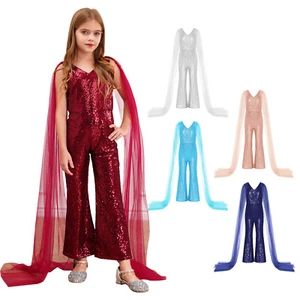 Kids Girls Jumpsuit Party Rompers Gown Bodysuit Wide Leg V Neck Cape Sleeve - Picture 1 of 48