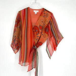 Soft Surroundings Top Womens L Silk Orange Floral Stripe Wrap Blouse Colorful - Picture 1 of 5