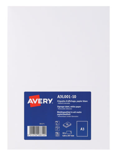 Avery Display Label A3 Removable Matt White Pack 10 Labels A3L001-10