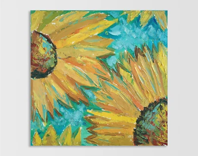 Pintura a óleo original sobre tela arte de parede girassol flor amarelada grande 60 x 60 cm - Imagem 1 de 4