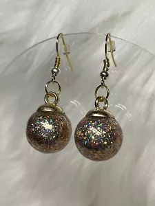 Christmas Holiday Mini Gold Holo Glitter Glass Ball Ornament Earrings FAST SHIP - Picture 1 of 4