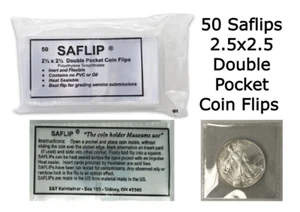 2.5 x 2.5 Mylar Coin Flips Saflip Safe 50 Double Pocket Long Term Submission NGC - Picture 1 of 6
