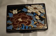 Vintage Asian Black Floral Celluloid Purse Tissue Holder Mirror Compact 