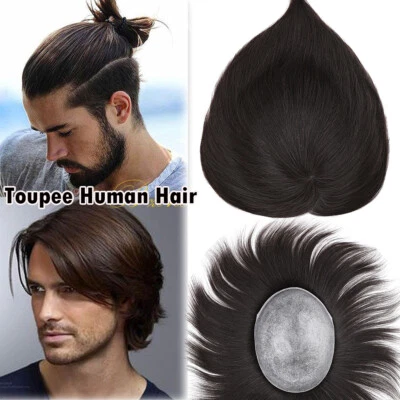 Men Toupee 100% Human Hair Replacement System Clip In Thin Skin PU Wig V-Loop 9A - Image 1 of 4