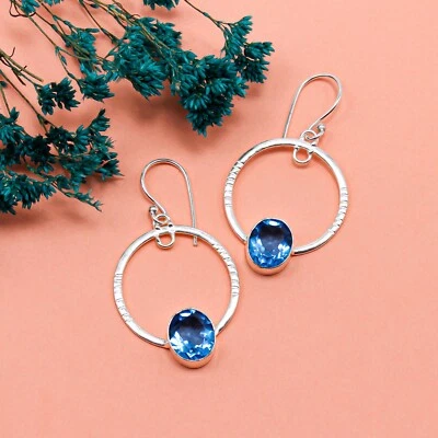 Swiss Blue Topaz Jewelry Sterling Silver Drop/Dangle Earrings For Girls 1.37" - Image 1 of 4