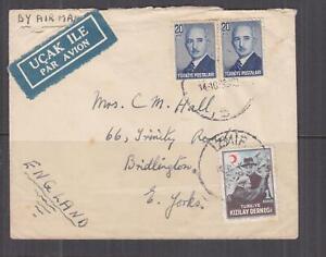 TURKEY,1946 Airmail cover, IZMIR to GB, 20k. pair, Red Crescent Tax 1k.
