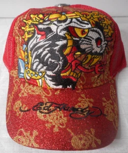 Don Ed Hardy Embroidered Red Trucker Snapback Hat Tiger Head Fork Tongue Crown - Picture 1 of 10