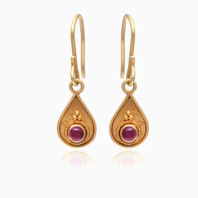 18K Yellow Gold Texture Hook Earrings Ruby Gemstone Anniversary Gift Jewelry - Image 1 of 4