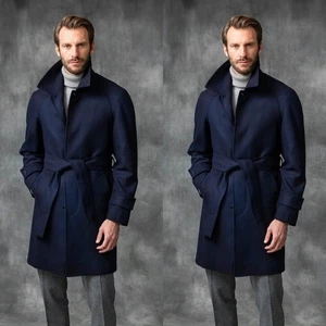 Navy Herren Overcoat mit Gürtel Casual Wolle Winter Warm Outdoor Lange Jacke Man - Bild 1 von 15