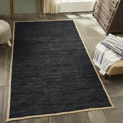 Handmade Black Jute Area Rug Natural Fiber Carpet Eco-Friendly Floor Mat for rug - Image 1 of 4