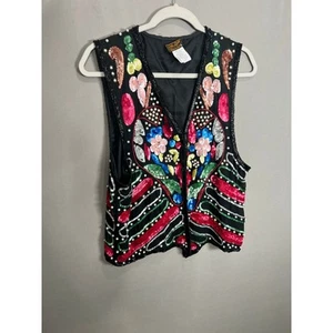 VTG Eue's Allure Women Silk Vest Sequin Beaded Retro Floral Party 90s Y2K Medium - Picture 1 of 10